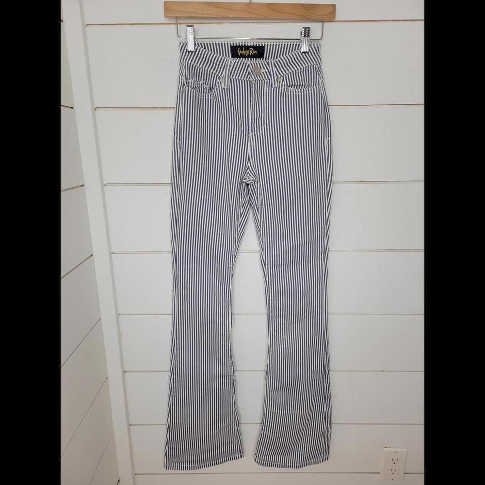 Indigo Rein size 0 blue & white railroad stripe flare denim jeans